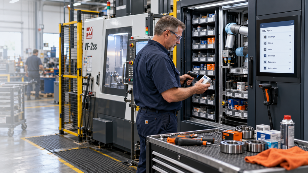 Technician Checks Automated Parts Cabinet