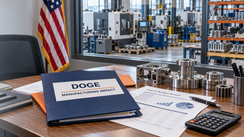 DOGE briefing folder in a machine shop